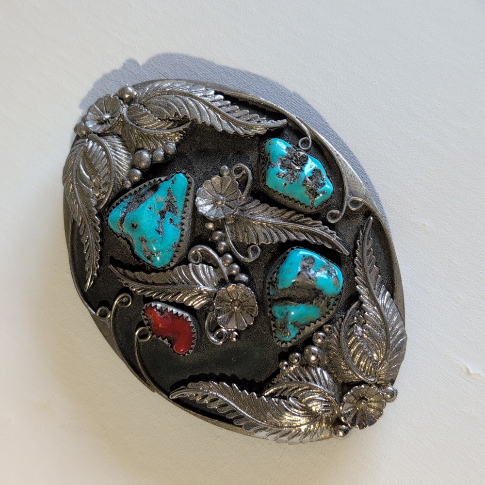 Turquoise Nugget Spiny Coral Nickel Silver Belt Buckle Blossom Leaves Vintage